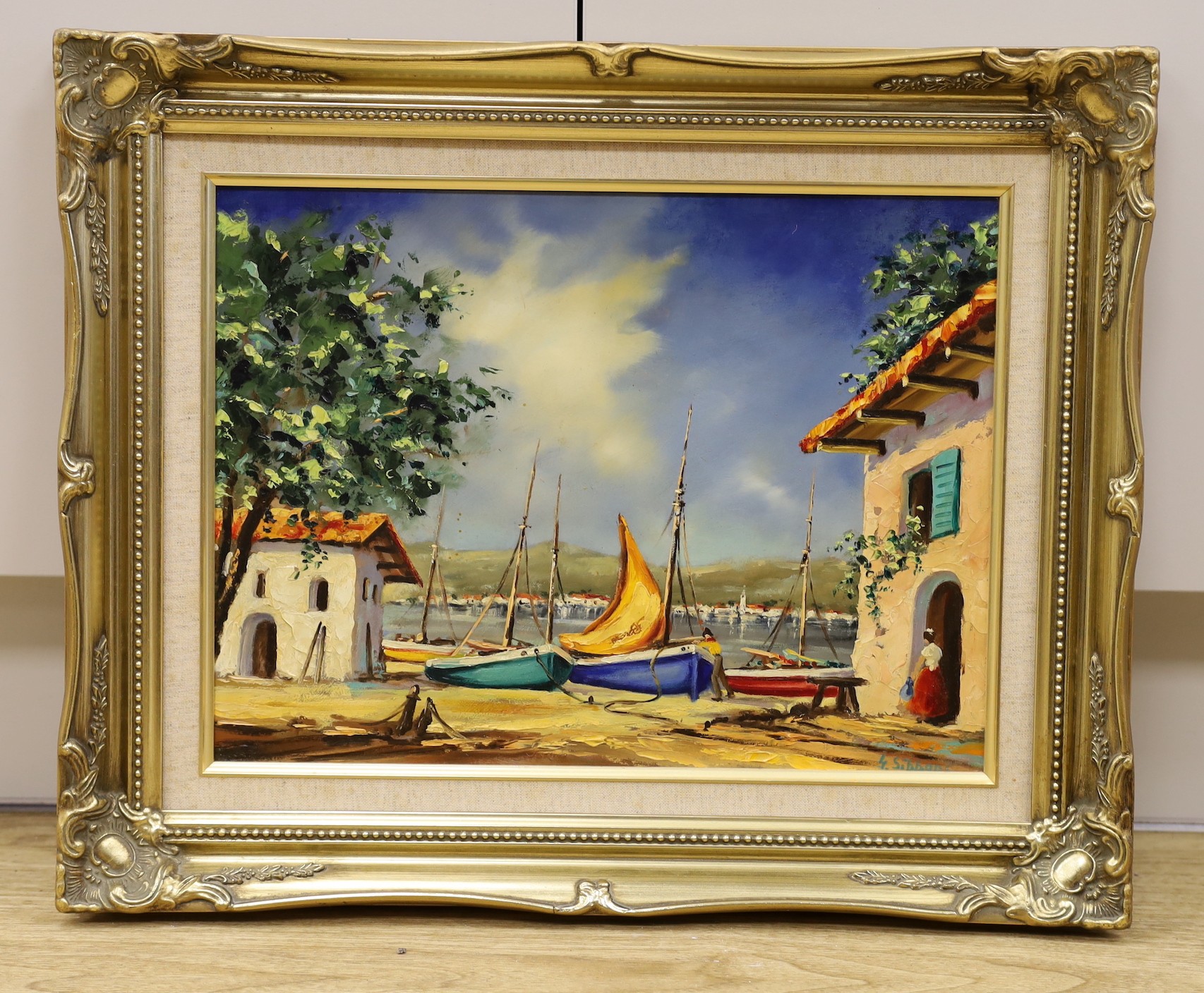 Gudrun Sibbons (b.1925), oil on board, Mediterranean harbour scene, signed, 30 x 40 cm